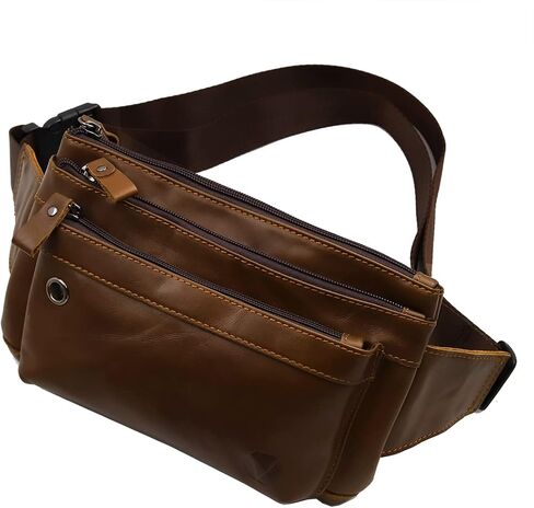 Triple Pocket fanny pack Genuine Leather waist bag slim shoulder bag Hip Purse Adjustable Belt strap Casual Pouch Outdoor Day bag (Hole Brown) in Kuwait