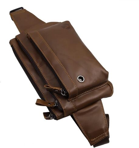 Triple Pocket fanny pack Genuine Leather waist bag slim shoulder bag Hip Purse Adjustable Belt strap Casual Pouch Outdoor Day bag (Hole Brown) in Kuwait