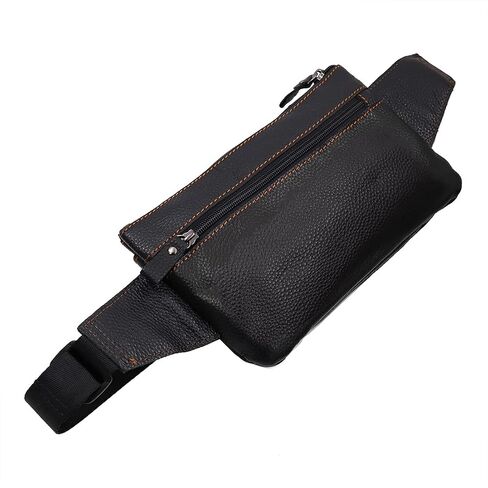 Triple Pocket fanny pack Genuine Leather waist bag slim shoulder bag Hip Purse Adjustable Belt strap Casual Pouch Outdoor Day bag (Hole Brown) in Kuwait
