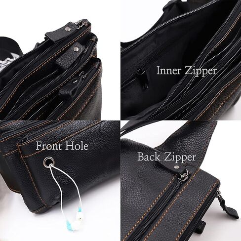 Triple Pocket fanny pack Genuine Leather waist bag slim shoulder bag Hip Purse Adjustable Belt strap Casual Pouch Outdoor Day bag (Hole Brown) in Kuwait
