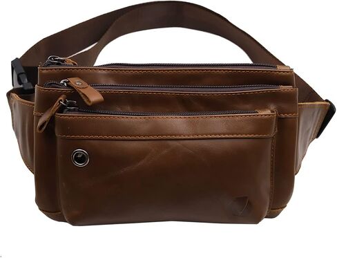 Triple Pocket fanny pack Genuine Leather waist bag slim shoulder bag Hip Purse Adjustable Belt strap Casual Pouch Outdoor Day bag (Hole Brown) in Kuwait