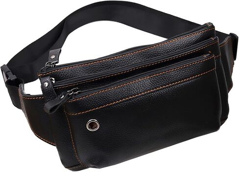 Triple Pocket fanny pack Genuine Leather waist bag slim shoulder bag Hip Purse Adjustable Belt strap Casual Pouch Outdoor Day bag (Hole Brown) in Kuwait