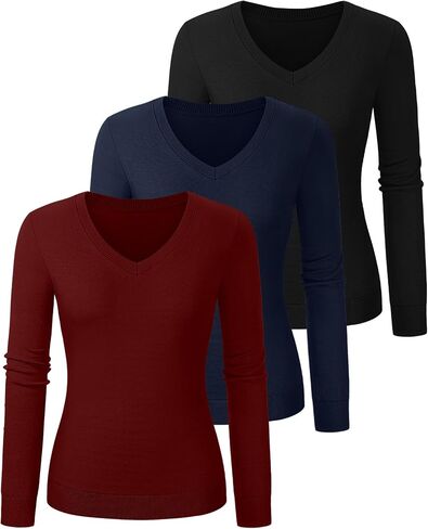 Riyiper 3 Pack Women's V Neck Sweater, Long Sleeve Lightweight Tops Casual Solid Color Pullover Loose Knit Classic Sweaters in Saudi Arabia