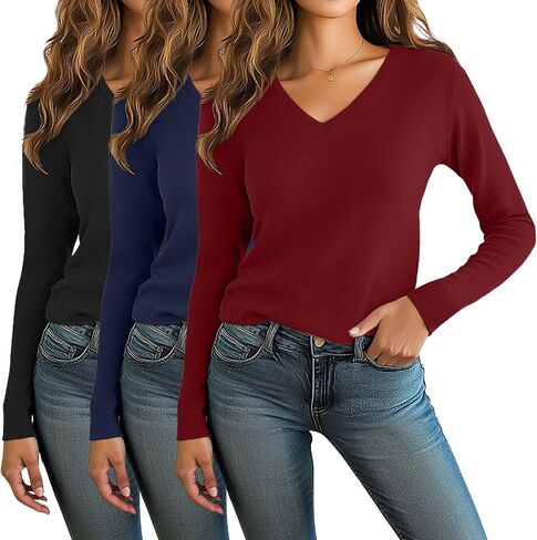 Riyiper 3 Pack Women's V Neck Sweater, Long Sleeve Lightweight Tops Casual Solid Color Pullover Loose Knit Classic Sweaters in Saudi Arabia