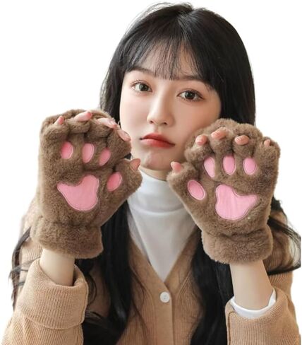 SIQITECHNO Winter Cute Bear Gloves Cat Paw Gloves Half Finger Gloves Soft Warm Gloves Cosplay Costume Accessories in Saudi Arabia
