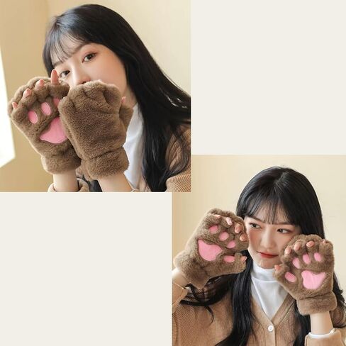 SIQITECHNO Winter Cute Bear Gloves Cat Paw Gloves Half Finger Gloves Soft Warm Gloves Cosplay Costume Accessories in Saudi Arabia