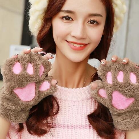 SIQITECHNO Winter Cute Bear Gloves Cat Paw Gloves Half Finger Gloves Soft Warm Gloves Cosplay Costume Accessories in Saudi Arabia