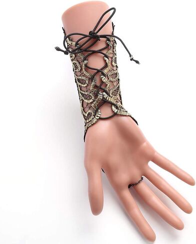 WANLIAN 2 قطعة قفازات Steampunk برونزية بدون أصابع، قفازات دانتيل قوطية للنساء مع خرز حلقي مصنوعة يدويًا قفازات برباط للزفاف in Saudi Arabia