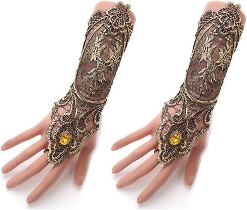 WANLIAN 2 قطعة قفازات Steampunk برونزية بدون أصابع، قفازات دانتيل قوطية للنساء مع خرز حلقي مصنوعة يدويًا قفازات برباط للزفاف in Saudi Arabia