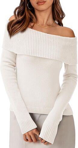 PRETTYGARDEN Women's Fall Off Shoulder Sweaters Y2K Long Sleeve Ribbed Knit Fitted Pullover Winter Date Night Tops Blouse in Saudi Arabia
