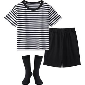 MERIABNY Halloween Costumes for Boys, Black and White Striped Shirt, Black Shorts and High Tube Socks
