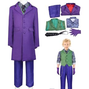 Joker Costume for Kids Boys Halloween Cosplay Costume Deluxe Suit Coat Shirt Jacket Tie Pants Joker Outfit
