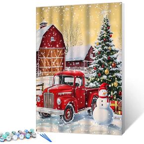 Christmas Snowman Painting Winter Landscape Paint by Number Kits 16 x 20 inch Canvas DIY Red Car Oil Painting for Adults Beginner with Brushes and Acrylic Art Home Decor Birds Gift(Frameless）