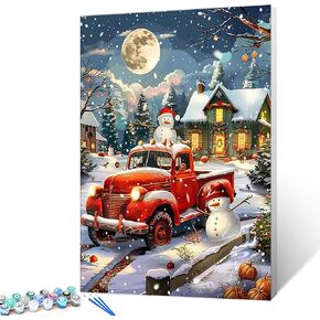 Christmas Snowman Painting Winter Landscape Paint by Number Kits 16 x 20 inch Canvas DIY Red Car Oil Painting for Adults Beginner with Brushes and Acrylic Art Home Decor Birds Gift(Frameless）