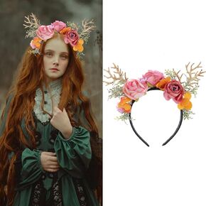 Rose Flower Reindeer Antlers Headband Deer Antlers Floral Crown Hair Hoop Boho Forest Fairy Head Pieces Cosplay Costume Hair Accessories for Halloween Christmas Party Headdress Supplies