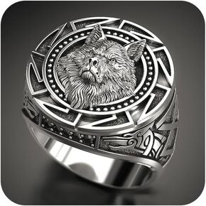 KUYIUIF Mens Wolf Ring Jewelry Stainless Steel Ring Wolf Head Ring Wizard Warrior Hunter Wolf Head Rings Gift for Men Viking Nordic Wolf Rings Size 7-12