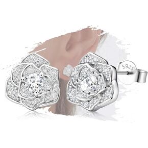 Rose Flower Earrings for Women - Sterling Silver Classic Stud Earrings Hypoallergenic Cubic Zirconia Rose Earrings Lightweight Sparkle Earrings for Mother Wife Gift for Birthday Christmas Anniversary