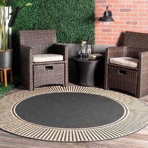 nuLOOM 7' Round Outdoor Area Rug, Casual Design With Striped Border, Stain Resistant, Highly Durable, For Patio, Balcony, Bedroom, Living Room, Dining Room, Bathroom, Dark Grey