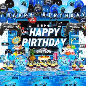 Video Game Birthday Decorations, 240Pcs Gaming Party Decorations for 10 Guests Banners, Balloons and Tablecloths, Boys Birthday Party Set Blue