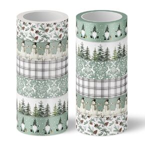 Whaline 12 Rolls Christmas Washi Tape Sage Green Xmas Tree Snowman Gnome Decorative Masking Tape for Winter Scrapbook Journal DIY Art Craft Gift Wrapping