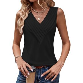 Womens Tank Tops Dressy Casual V Neck Loose Fit Pleated Cami Tanks Trendy Summer Sleeveless Shirts Blouses