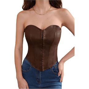 SOLY HUX Women's Y2k PU Leather Bustier Tube Crop Top Strapless Sleeveless Asymmetrical Hem Corset Tops
