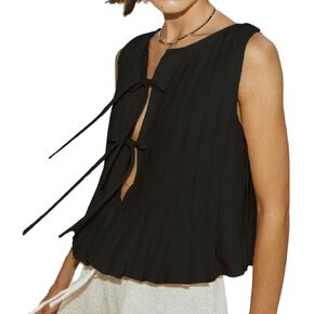 Women Sleeveless Pleated Front Tie Linen Top Y2k Coquette Bow Tie Tank Top Aesthetic Solid Knotted Tie Up Vest