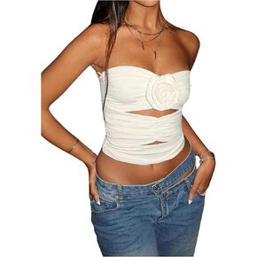 GORGLITTER Women's 3D Floral Strapless Bandeau Tube Top Cut Out Sleeveless Backless Ruched Crop Tops