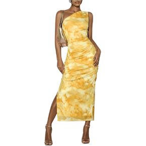 Milumia Women's Tie Dye One Shoulder Side Slit Bodycon Long Dress Ruched Maxi Party Club Dresses