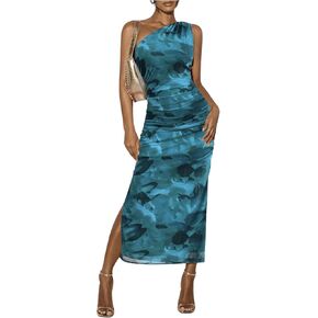 Milumia Women's Tie Dye One Shoulder Side Slit Bodycon Long Dress Ruched Maxi Party Club Dresses