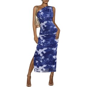 Milumia Women's Tie Dye One Shoulder Side Slit Bodycon Long Dress Ruched Maxi Party Club Dresses in Kuwait