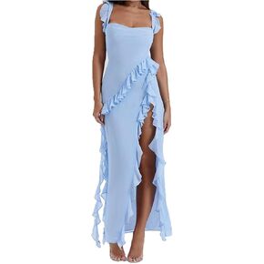 Gladtbser Women's Solid Color Slit Ruffle Bodycon Maxi Dress Sexy Backless Tiered Party Long Prom Dress