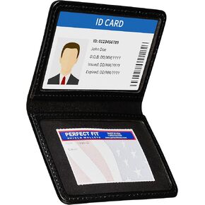 Perfect Fit Shield Wallets 2 ID Leather License Holder Bifold Double I.D. Credit Card Gun Permit For Larger Cards Slim Wallet Case (Black)