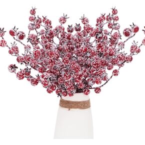 Kesywale 12Pcs Artificial Snowy Red Berry Picks Stems Christmas Frosted Holly Berry Branches Xmas Winter Twig Spray Holiday Arrangements Table Centerpieces DIY Crafts 10.6" Tall (Red, 12)
