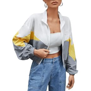 SweatyRocks Women's Long Sleeve Full Zip Cropped Jacket Color Block Windbreaker Coat