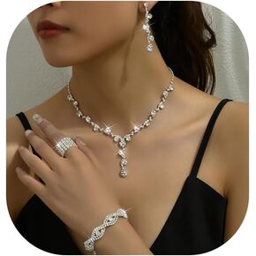 5Pcs Prom Earrings Necklace Bracelet Ring Set Elegant Crystal Rhinestone Necklace Earrings Bracelet Ring Bridal Wedding Prom Costume Jewelry Sets for Women