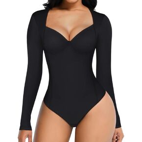 FeelinGirl Long Sleeve Shapewear Bodysuits for Women Tummy Control Shapewear Sweet Heart V Neck Compression Body Suits Tops