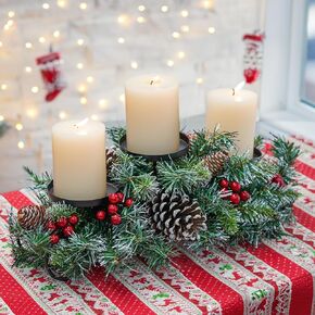 Christmas Candle Holder, Christmas Centrepiece with 3 Candle Holders, Iron Candle Holder Evergreen Pinecone and Red Berries, Indoor Christmas Decoration