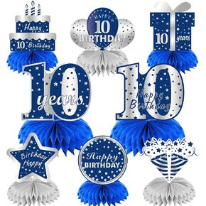 Kauayurk 8Pcs 10th Birthday Honeycomb Centerpieces Decorations for Boys, Blue Silver 10 Year Old Birthday Table Centerpiece Party Supplies, Ten Birthday Table Topper Decor Sign