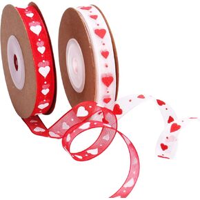 Mayam Valentine's Day Ribbons Heart Ribbons Craft Ribbons for Valentine，Wedding Craft, 2 Rolls (red and White)