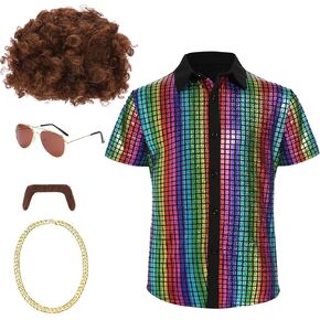 60s 70s Disco Costume, Sequins Shirts Funky Afro Wig Sunglasses Necklace and Moustache for Halloween Cosplay