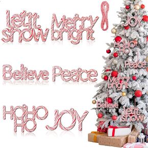 Suzile 6 Pcs Christmas Wood Word Cutout Signs Candy Striped Believe Peace Merry Bright Christmas Tree Word Signs Hanging Ornaments with Rope for Xmas Tree Wall Decorations(Red White Striped)