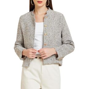 Allegra K Women's Tweed Blazer Stand Collar Long Sleeve Cropped Blazer Jacket