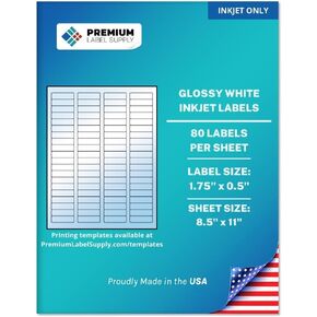 ملصقات عنوان إرجاع الملصقات البيضاء اللامعة من Premium Label Supply - 1.75 بوصة × 0.5 بوصة - (80 ملصقًا/ورقة) (أبيض لامع لنفث الحبر فقط، 2000 ملصق)