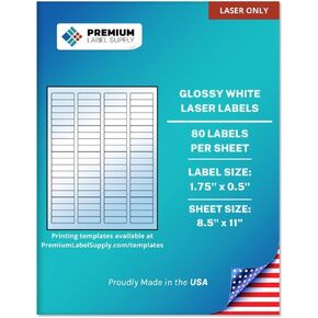 Premium Label Supply Glossy White Sticker Return Address Labels – 1.75" x 0.5" – (80 per Sheet) (Glossy White for Laser Only, 2,000 Labels)