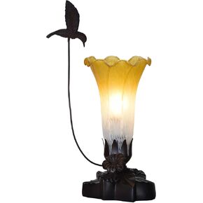 Bieye LL06 Hummingbird Flying Over Lily Flower Blown Glass Table Lamp for Home Decor (White Red, 4.25Wx12H)