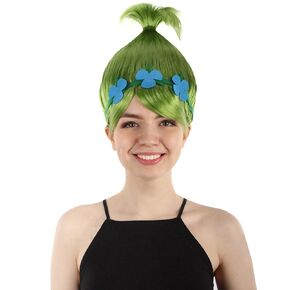 Vibrant Pointed Princess Troll Pink Pointy Wig with Green and Blue Floral Crown for Adult, Universal Capless Design Flame-retardant Synthetic Fiber