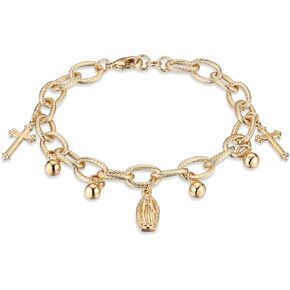 HZMAN 14K Gold Plated Cable Chain Bracelet for Women Dainty Rosary Bead Cross Virgin Mary Link Bracelet Jewelry Gift