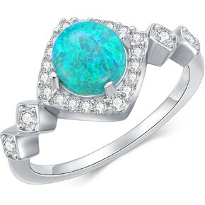 925 Silver Green Round Opal Ring with Zircon Square Surrounded-Statement-rings Opal Jewelry Gifts for Women Her(Ring Size 5-9)