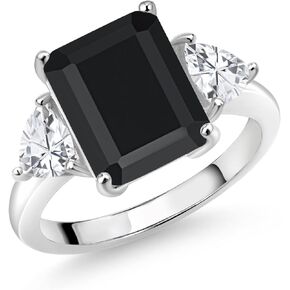 Gem Stone King 7.30 Cttw Black Onyx 3-Stone Ring For Women In 925 Sterling Silver | Emerald Cut 12X10MM | Trillion 5X5MM | Gemstone December Birthstone | Available in Size 5,6,7,8,9
